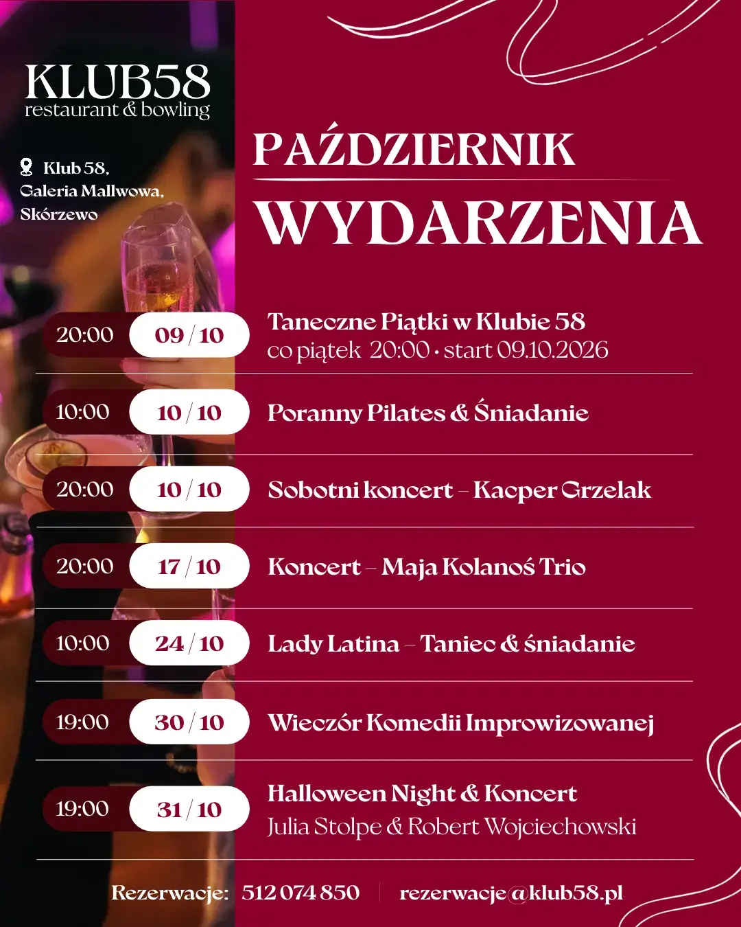 Plakat przedstawiający harmonogram wydarzeń na październik w Klub58 w Skórzewie. Lista obejmuje: Taneczne Piątki od 9 października, Poranny Pilates ze śniadaniem 10 października, koncert Kacpra Grzelaka 10 października, koncert Maja Kolanoś Trio 17 października, Lady Latina ze śniadaniem 24 października, Wieczór Komedii Improwizowanej 30 października oraz Halloween Night z koncertem Magdaleny Janickiej i Roberta Wojciechowskiego 31 października.